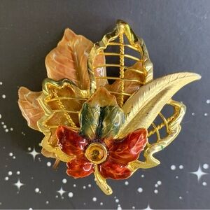KC Kenneth Cole Enamel Leaf Pin Brooch Ornate Fall Colors Maple Leaves Signed 2"